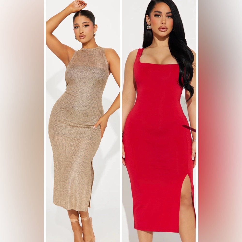 Set of 2 New Fashion Nova Dresses- Red Kiss me & Gold Metallic Camilla set